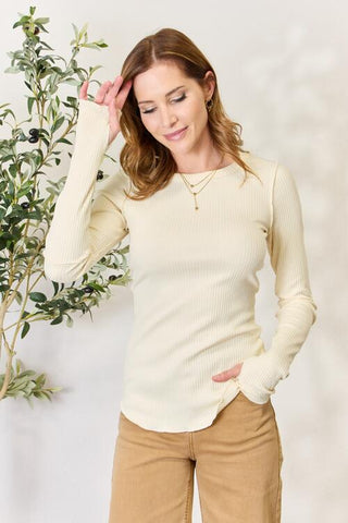 Culture Code Full Size Ribbed Round Neck Long Sleeve Top